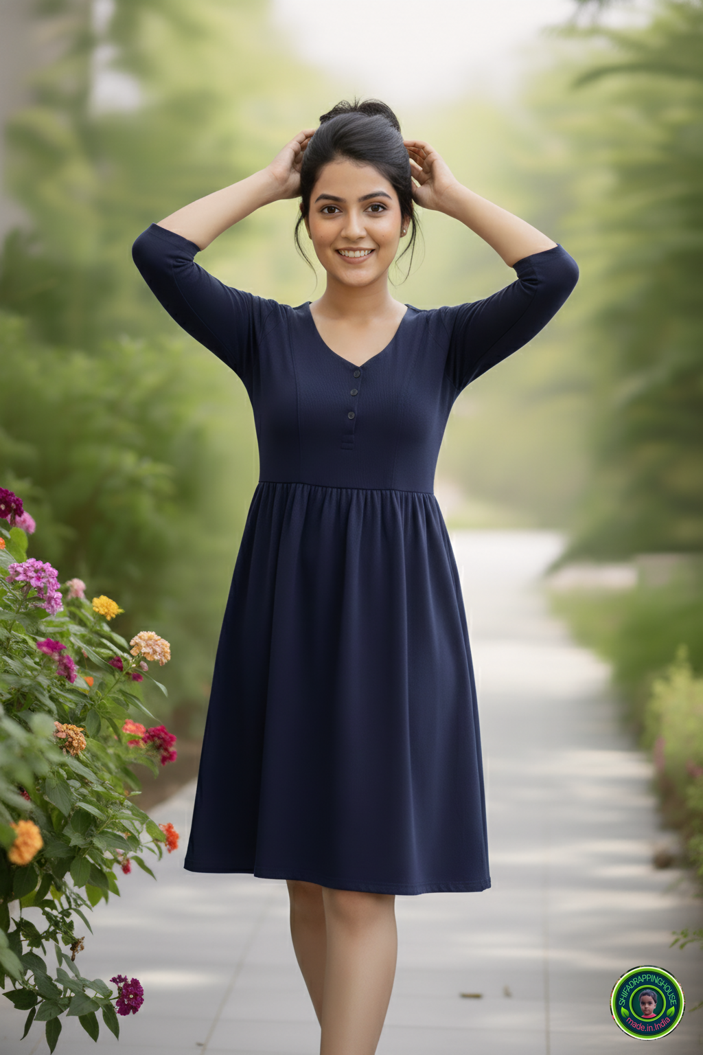 Trendy Navy Denim Midi – Elegant Gathers & Princess Fit for Daily Luxury