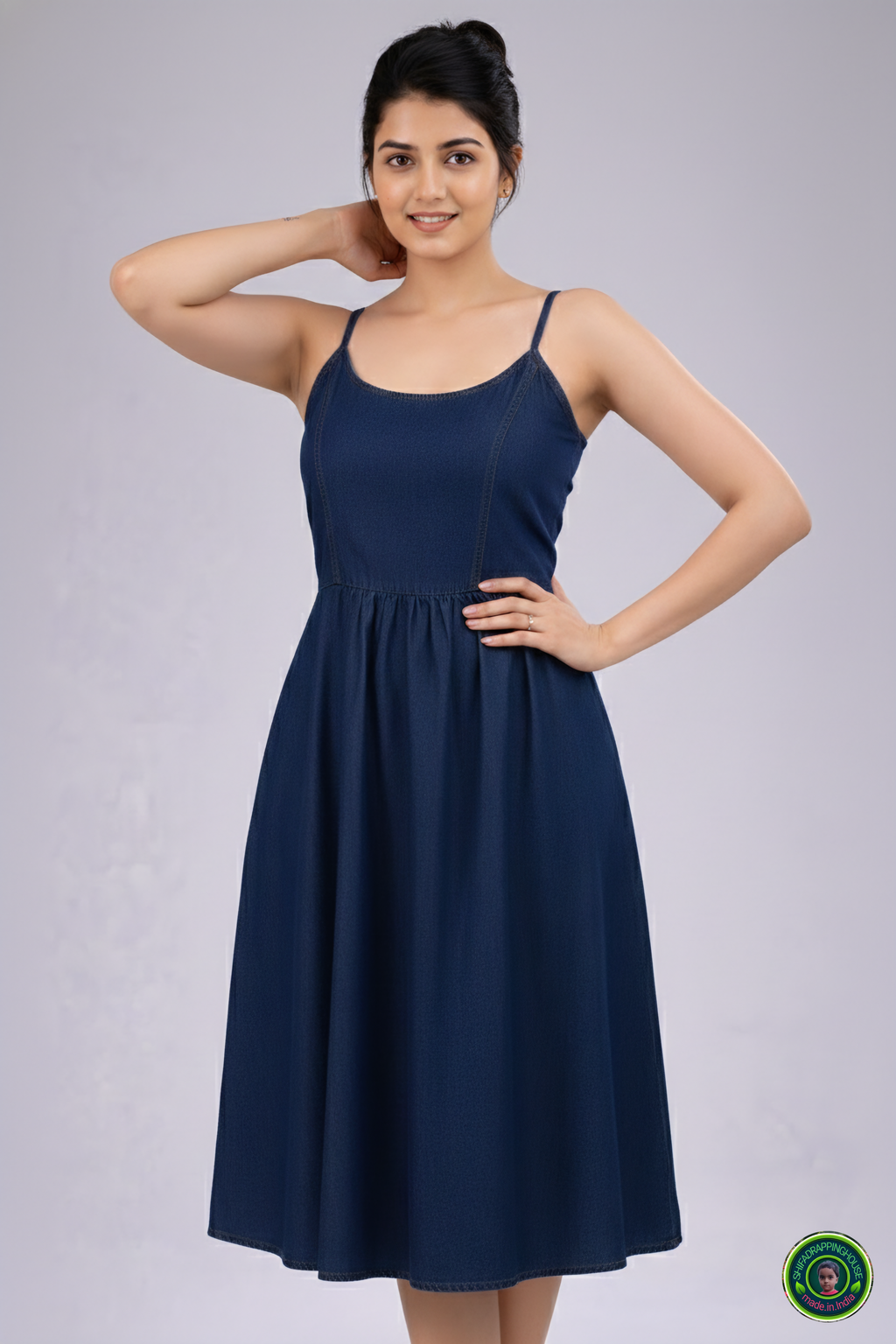 Summer Special Navy Blue Denim Midi – Strappy Shoulder & Princess Fit