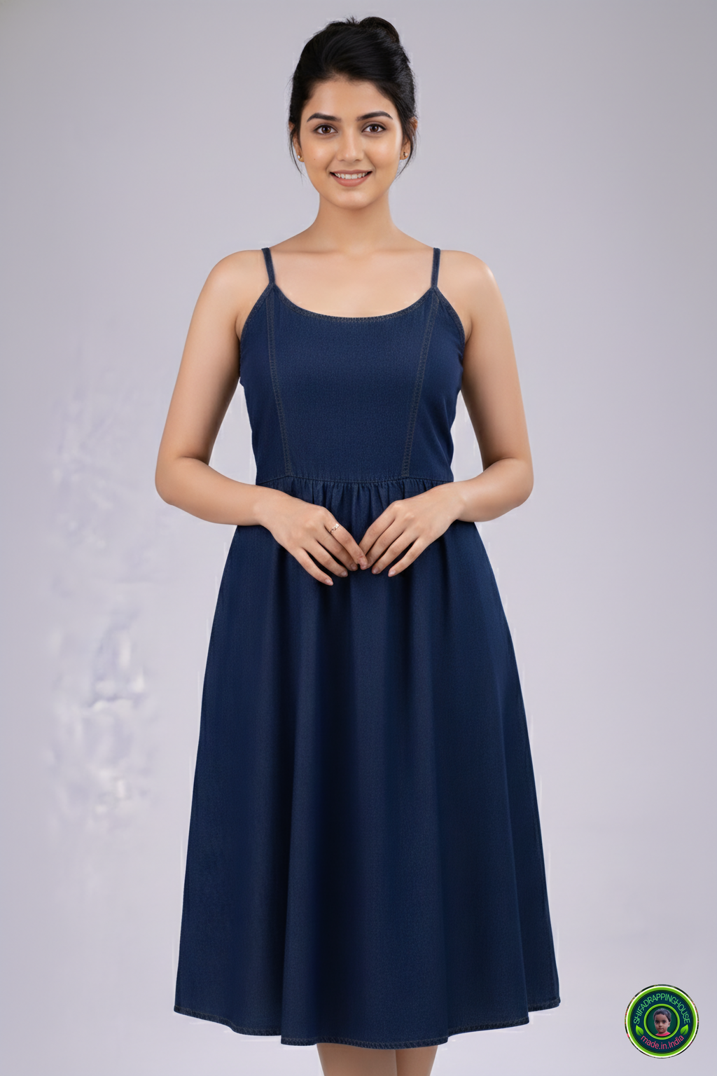 Summer Special Navy Blue Denim Midi – Strappy Shoulder & Princess Fit