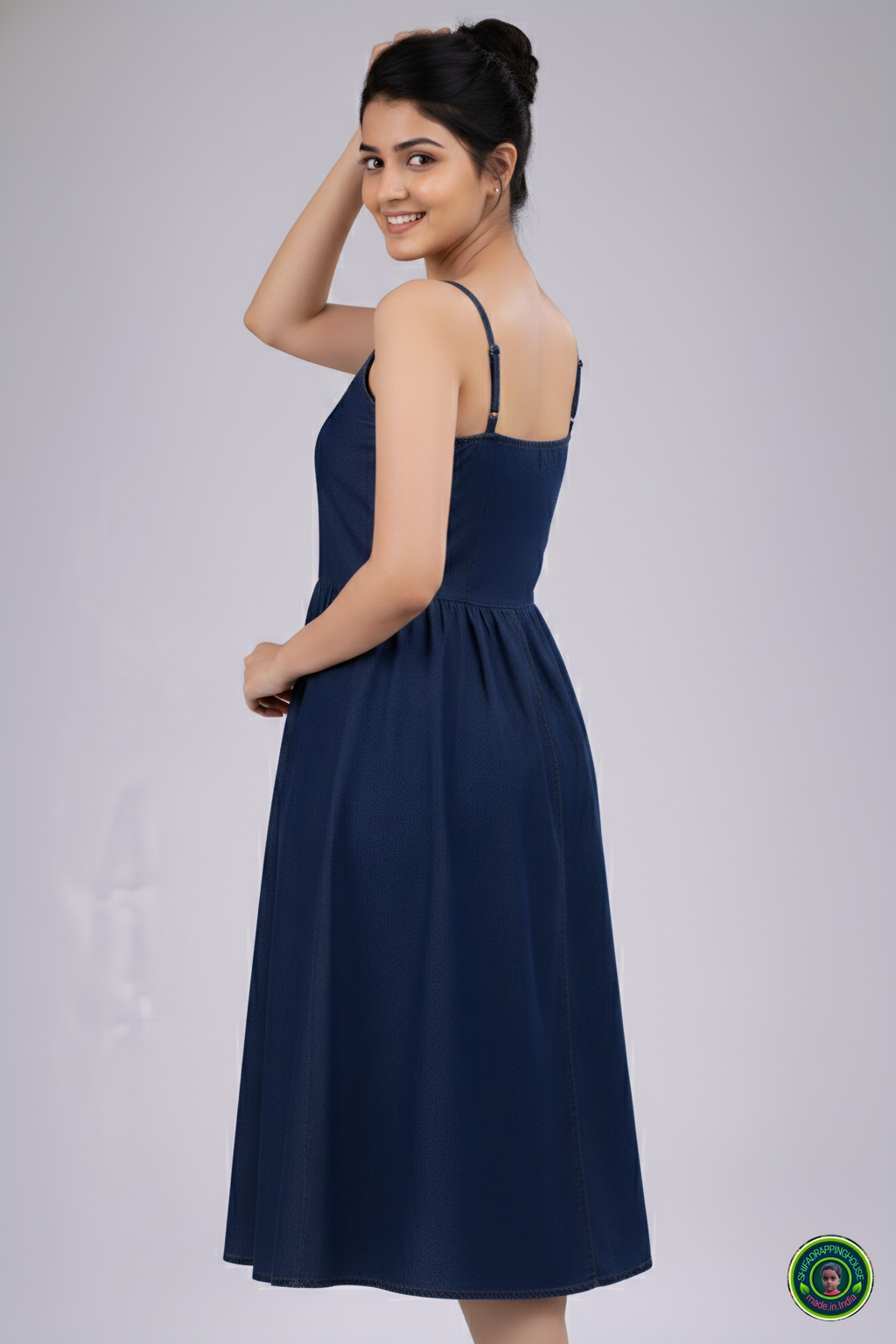 Summer Special Navy Blue Denim Midi – Strappy Shoulder & Princess Fit