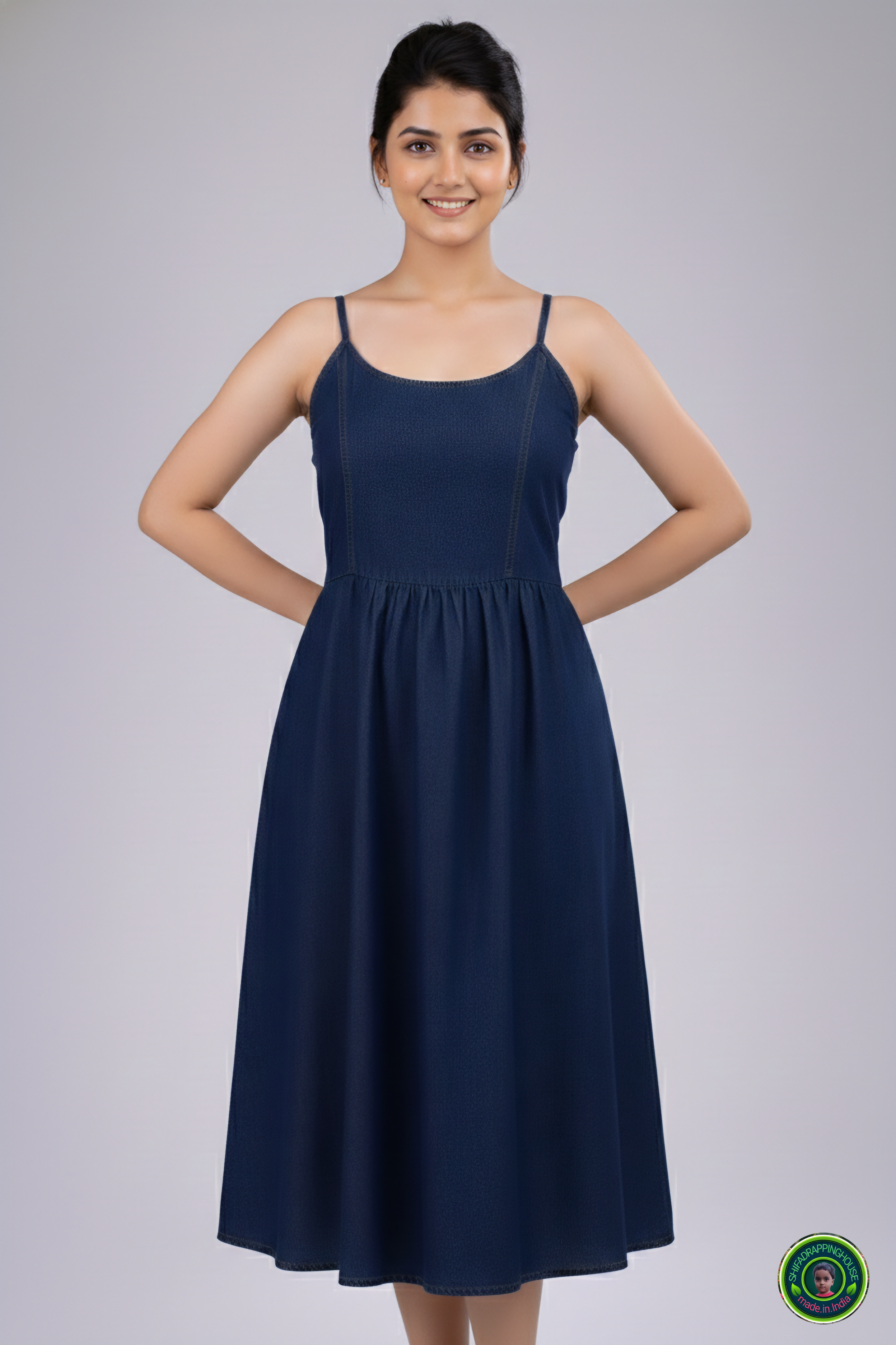 Summer Special Navy Blue Denim Midi – Strappy Shoulder & Princess Fit