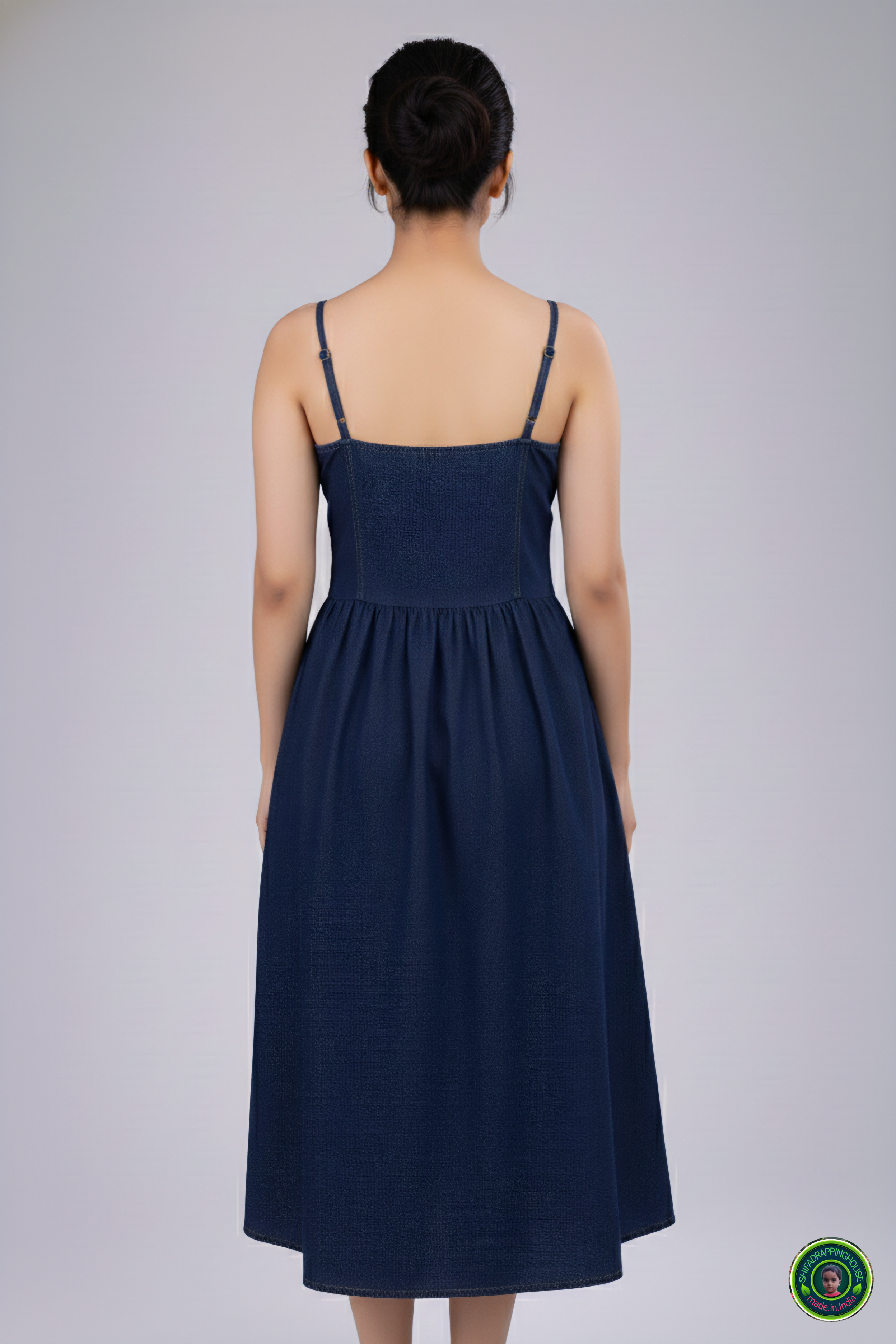 Summer Special Navy Blue Denim Midi – Strappy Shoulder & Princess Fit
