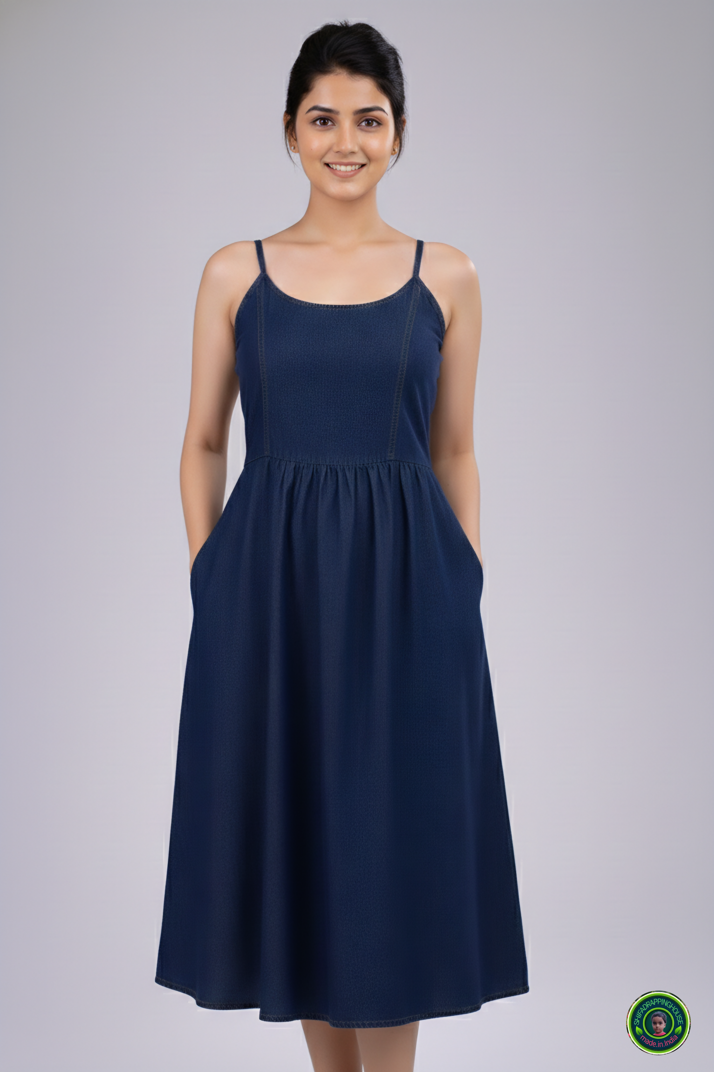 Summer Special Navy Blue Denim Midi – Strappy Shoulder & Princess Fit