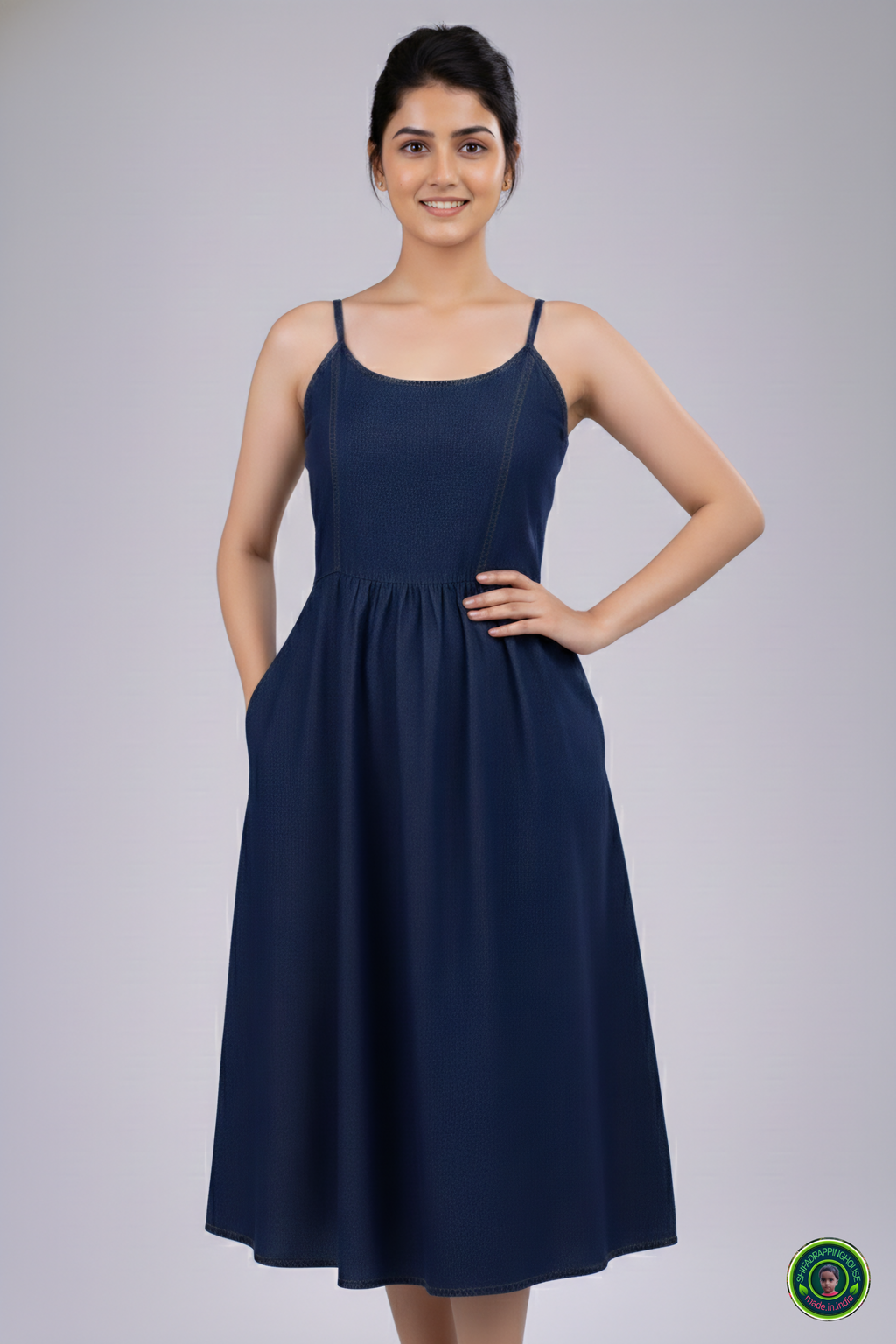 Summer Special Navy Blue Denim Midi – Strappy Shoulder & Princess Fit