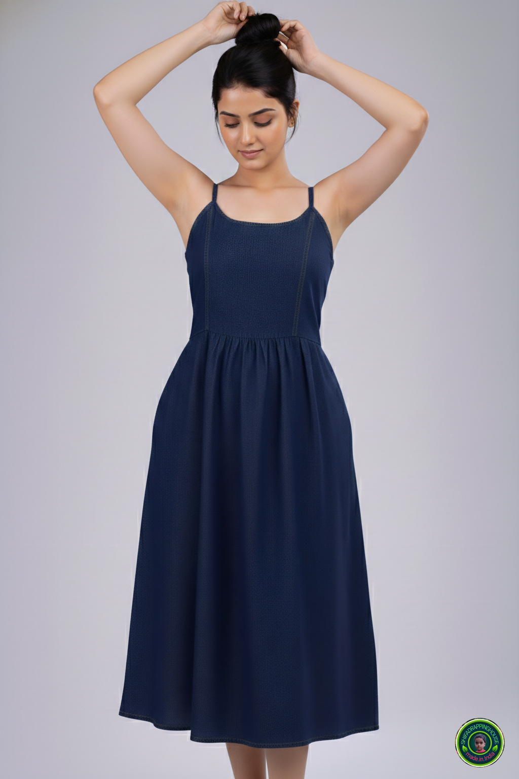 Summer Special Navy Blue Denim Midi – Strappy Shoulder & Princess Fit