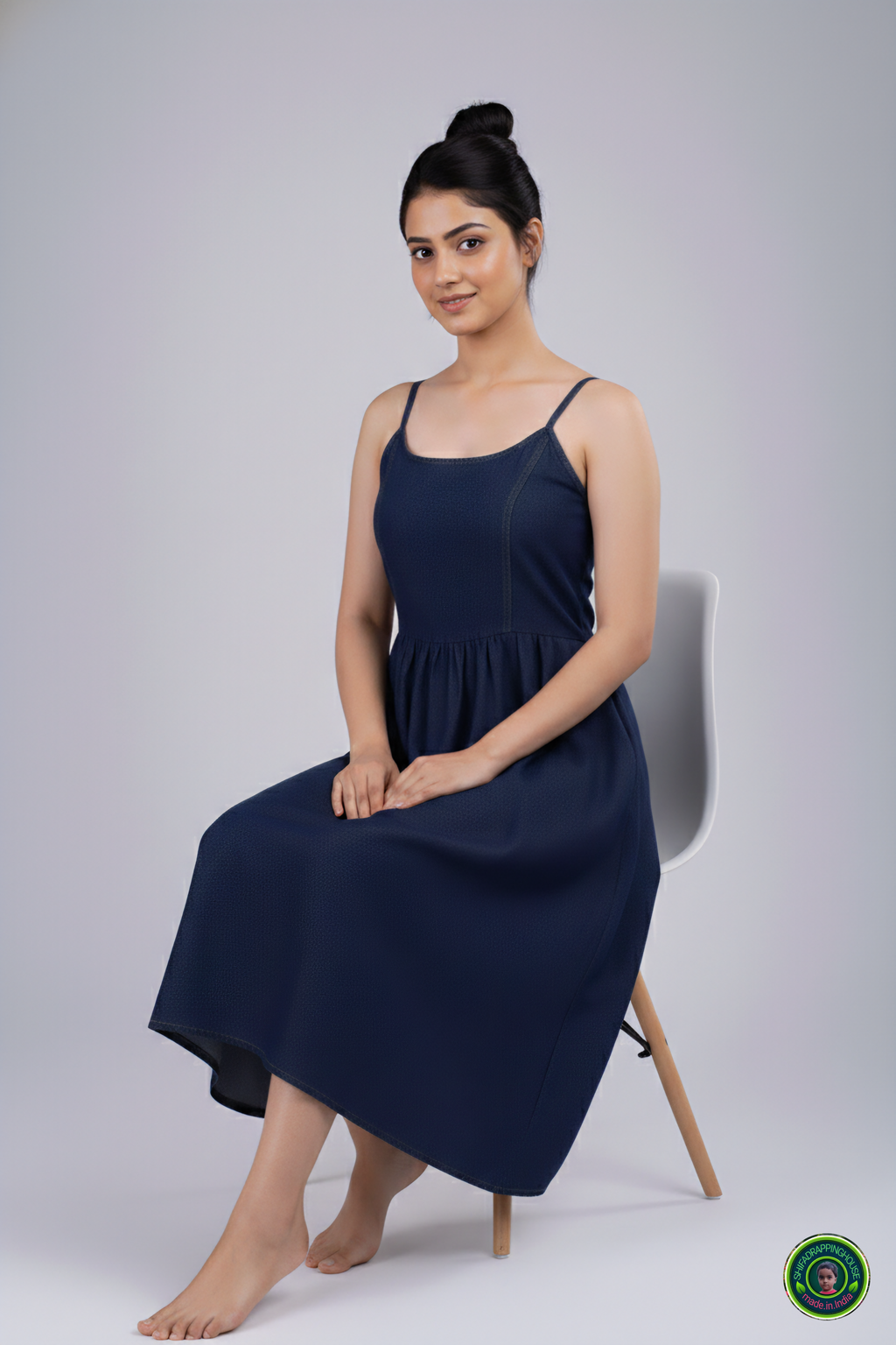 Summer Special Navy Blue Denim Midi – Strappy Shoulder & Princess Fit