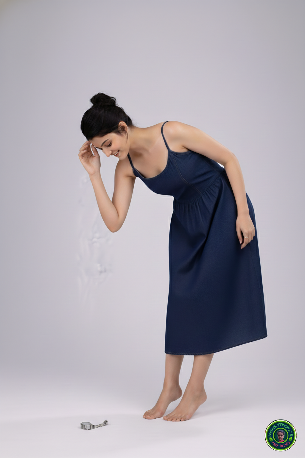 Summer Special Navy Blue Denim Midi – Strappy Shoulder & Princess Fit