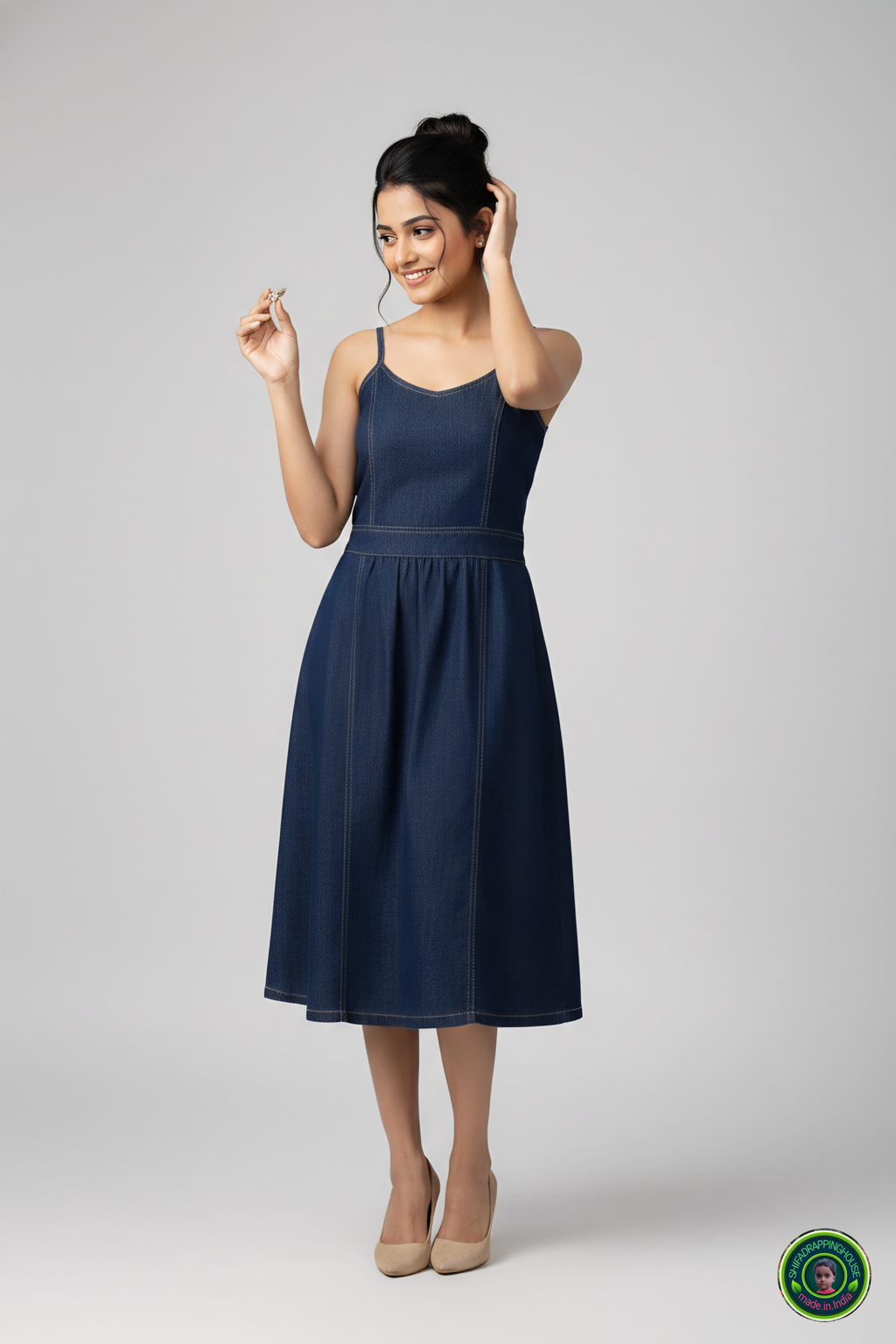 Shifa Drapping House: Princess Cut Denim Dress with Center Gather Detail