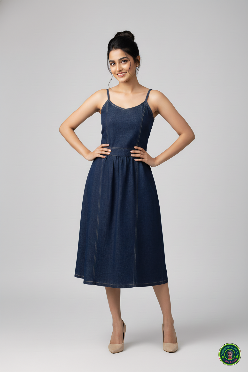 Shifa Drapping House: Princess Cut Denim Dress with Center Gather Detail