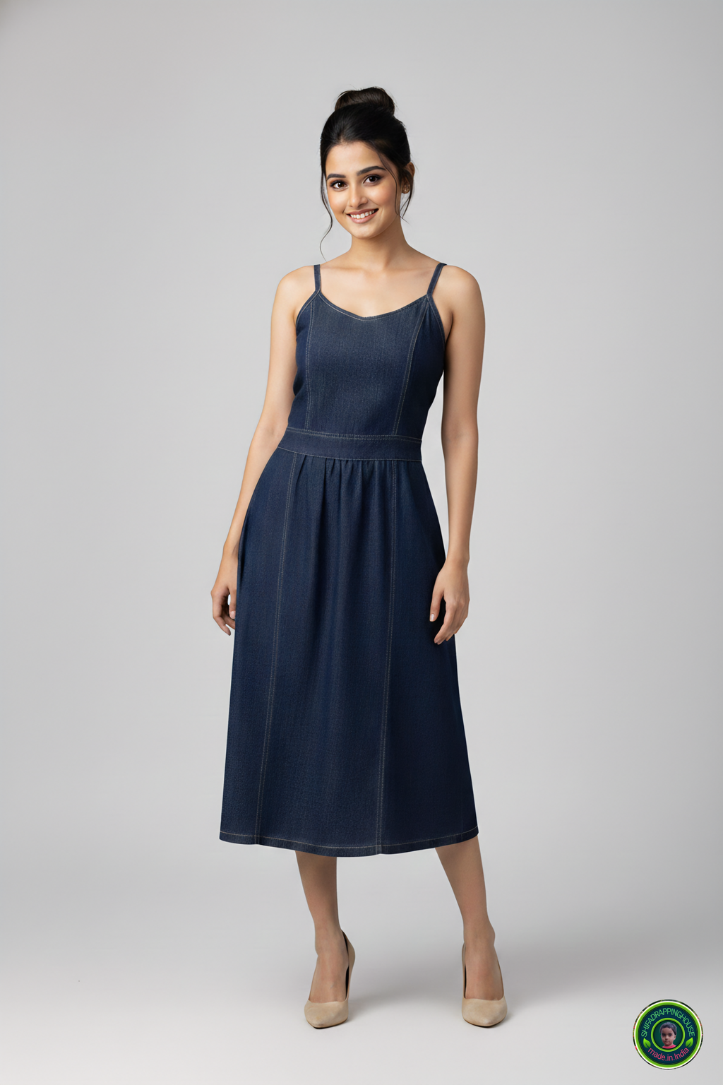 Shifa Drapping House: Princess Cut Denim Dress with Center Gather Detail