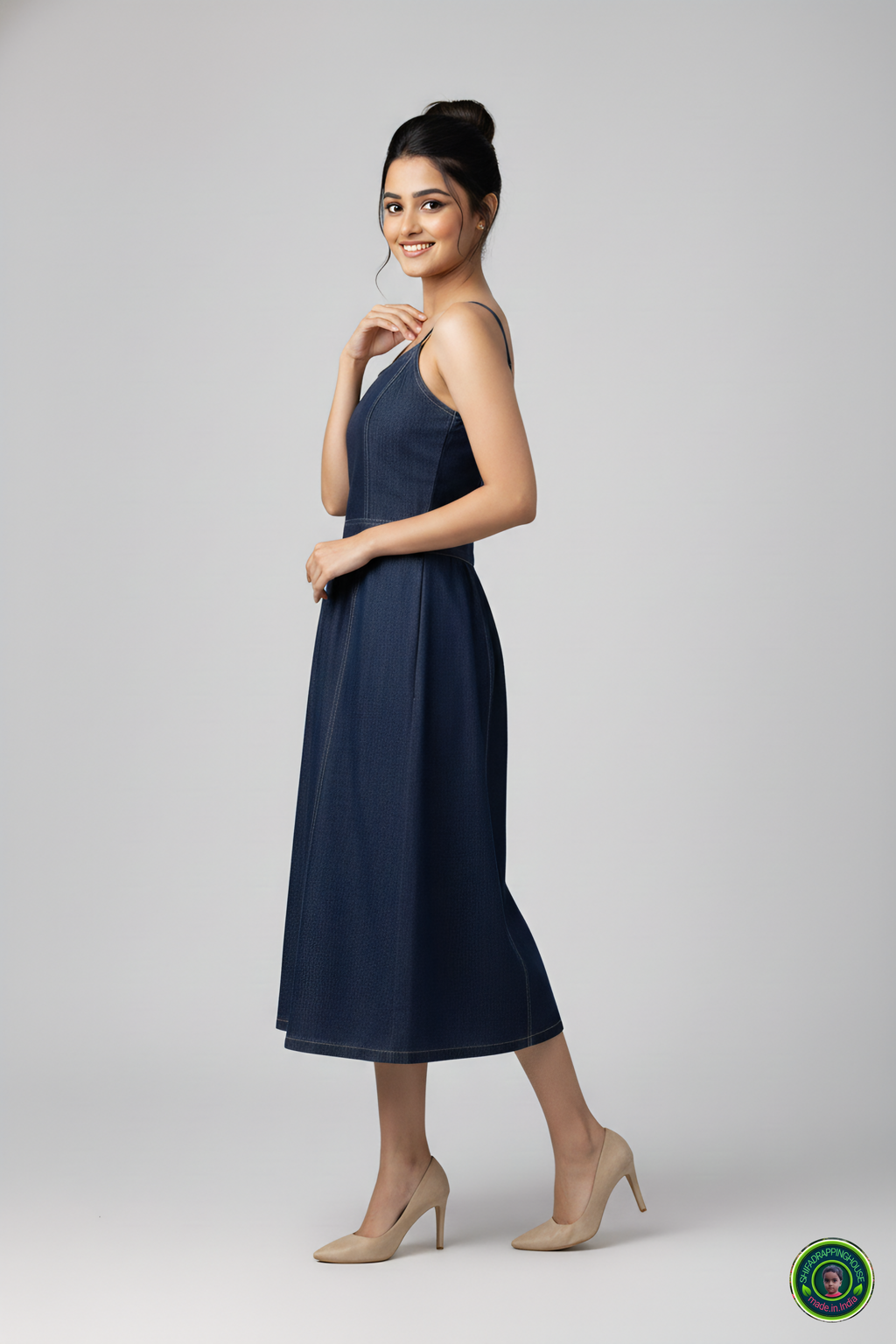 Shifa Drapping House: Princess Cut Denim Dress with Center Gather Detail