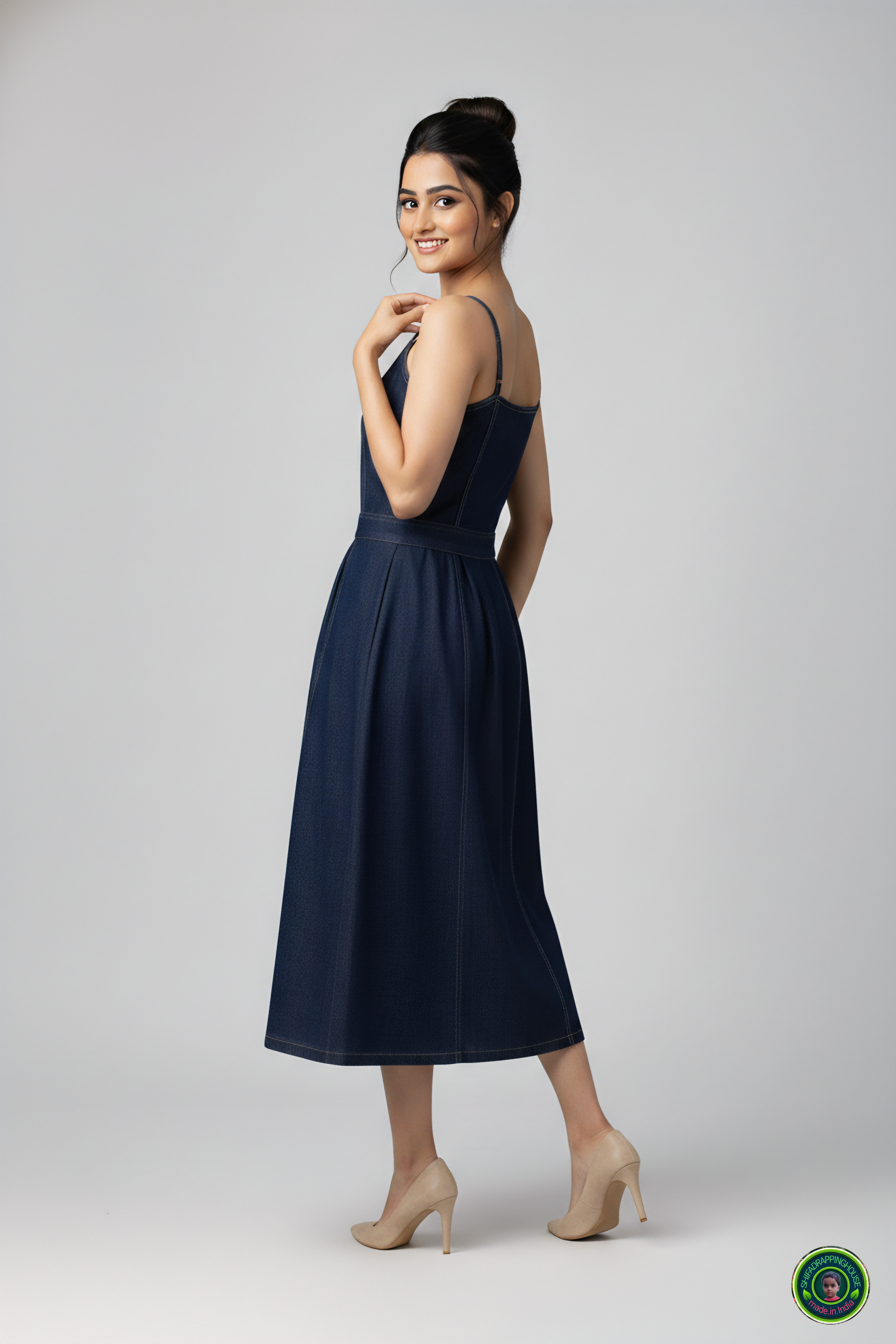Shifa Drapping House: Princess Cut Denim Dress with Center Gather Detail