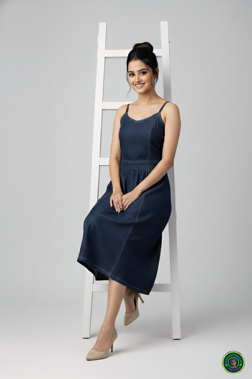 Shifa Drapping House: Princess Cut Denim Dress with Center Gather Detail