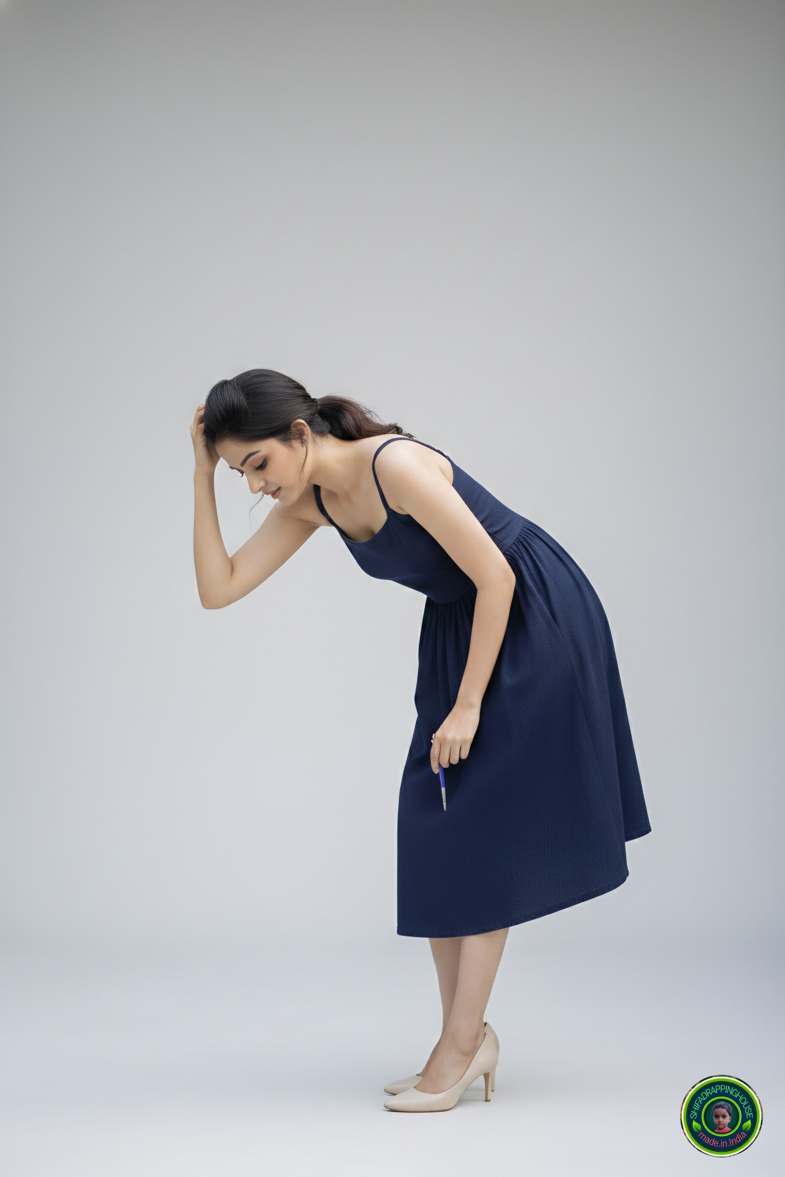 Trendy Navy Blue Denim Midi Dress with Shoulder Straps & Utility Pockets