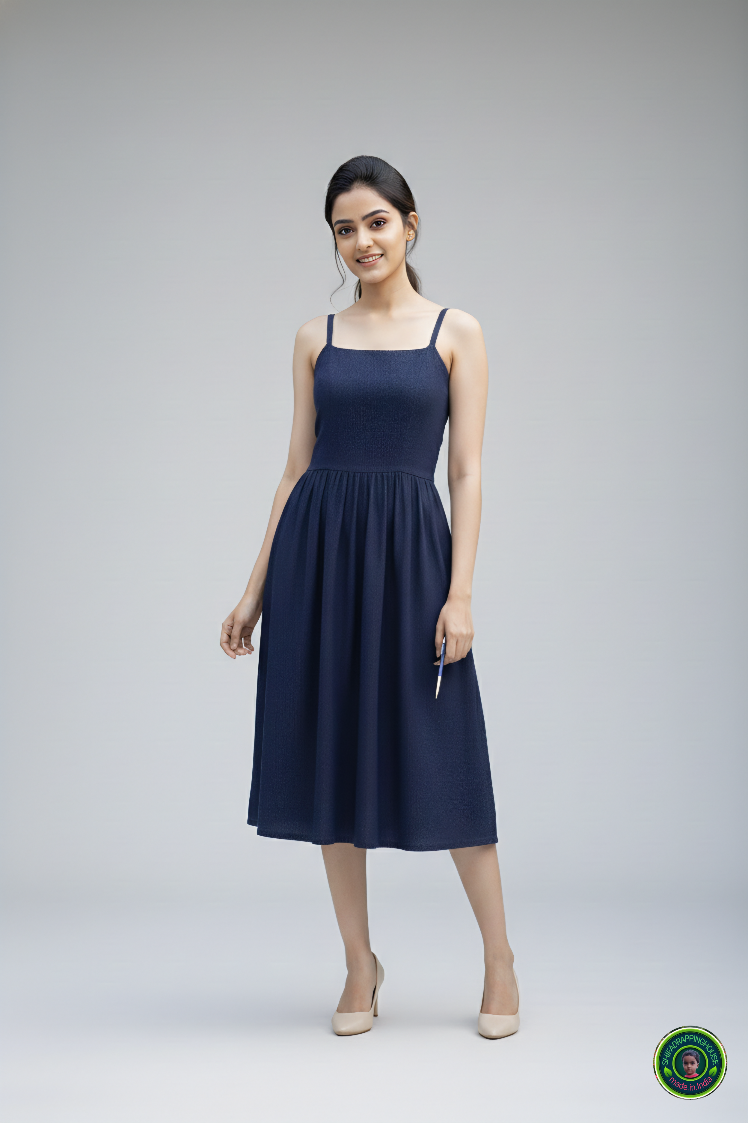 Trendy Navy Blue Denim Midi Dress with Shoulder Straps & Utility Pockets
