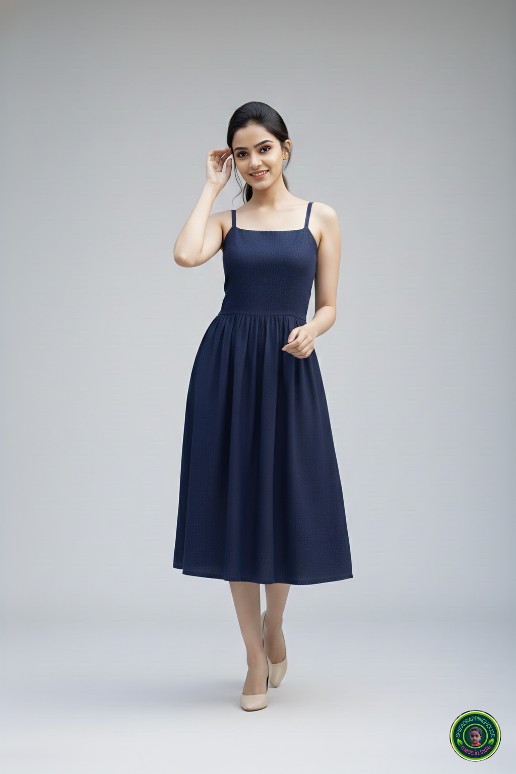 Trendy Navy Blue Denim Midi Dress with Shoulder Straps & Utility Pockets
