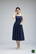 Trendy Navy Blue Denim Midi Dress with Shoulder Straps & Utility Pockets