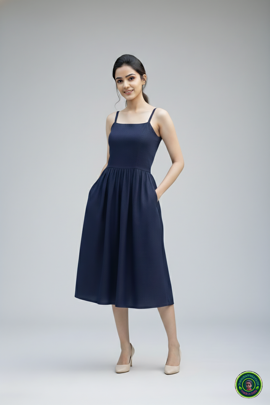 Trendy Navy Blue Denim Midi Dress with Shoulder Straps & Utility Pockets