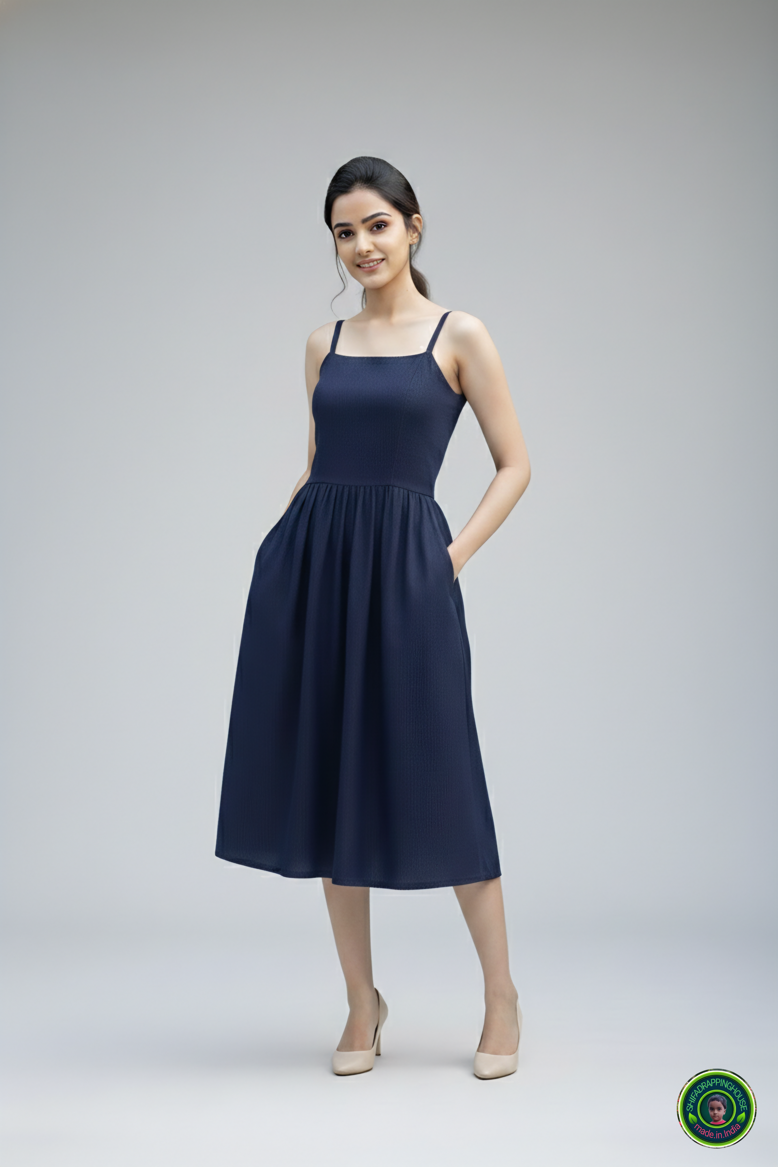 Trendy Navy Blue Denim Midi Dress with Shoulder Straps & Utility Pockets