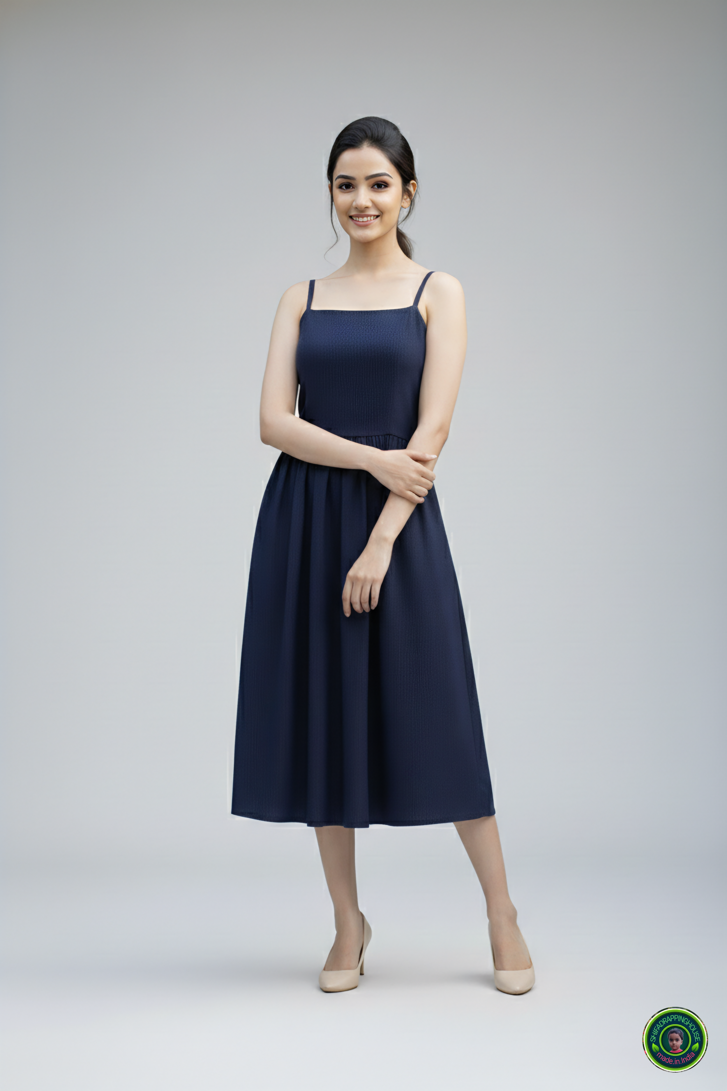Trendy Navy Blue Denim Midi Dress with Shoulder Straps & Utility Pockets