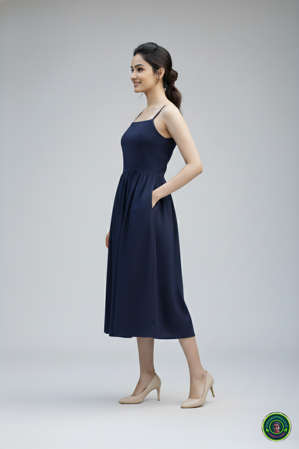Trendy Navy Blue Denim Midi Dress with Shoulder Straps & Utility Pockets