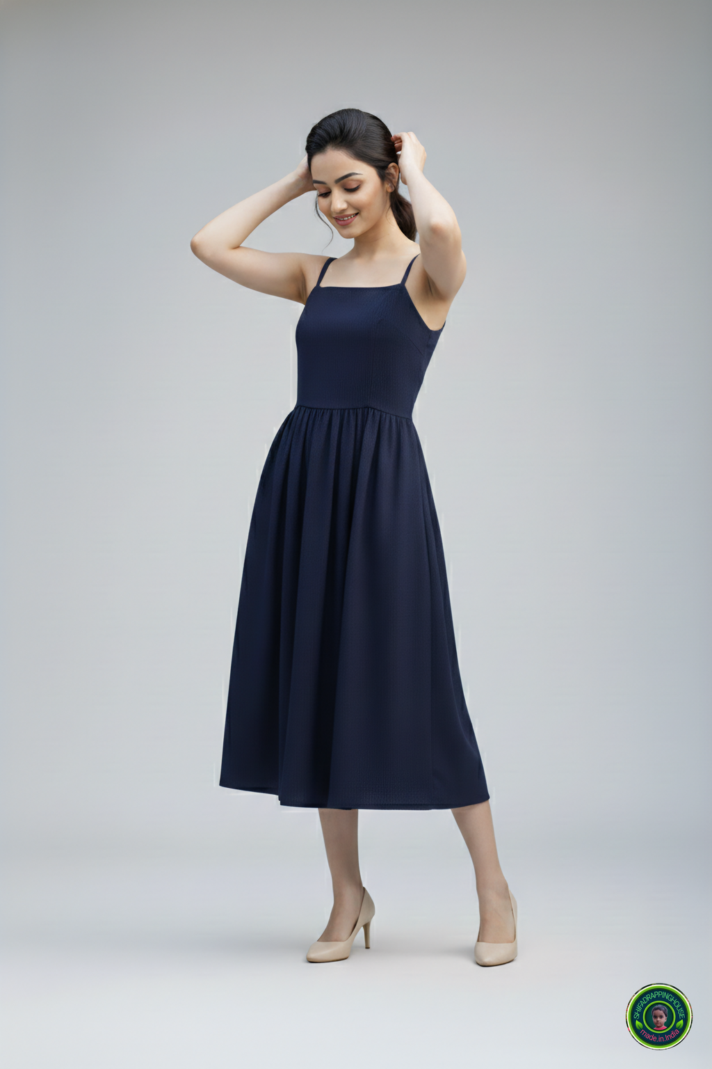 Trendy Navy Blue Denim Midi Dress with Shoulder Straps & Utility Pockets