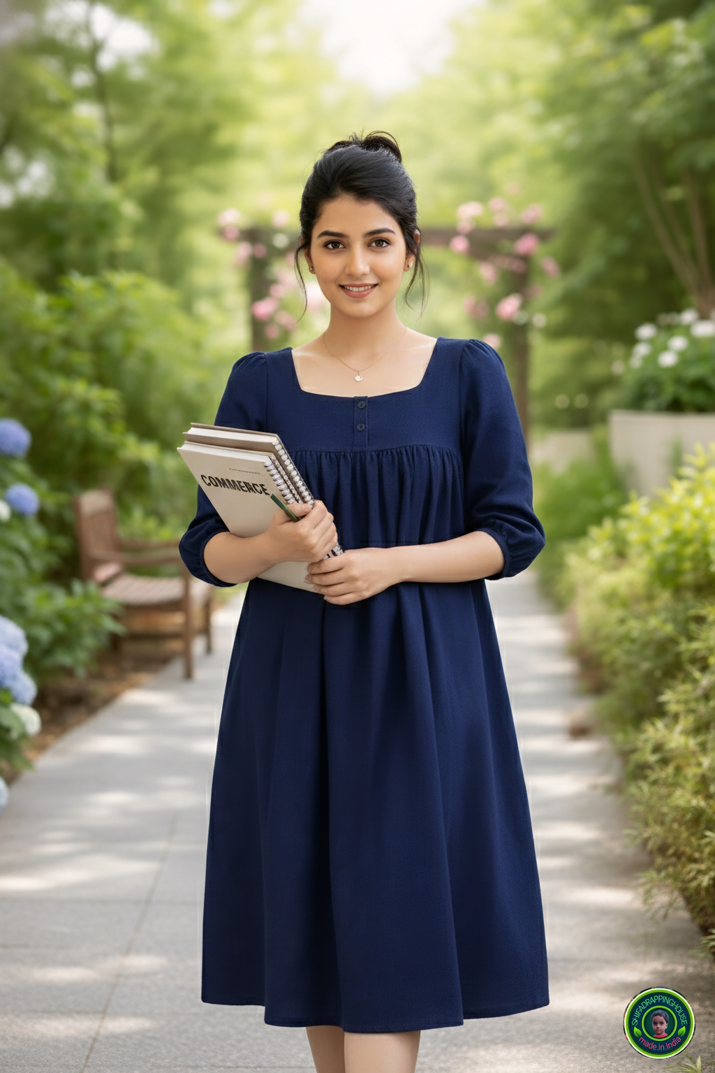 Elegant Gathered Denim Midi with 3/4 Sleeves – Summer 2026 Special