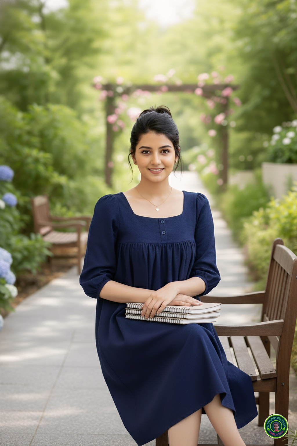 Elegant Gathered Denim Midi with 3/4 Sleeves – Summer 2026 Special