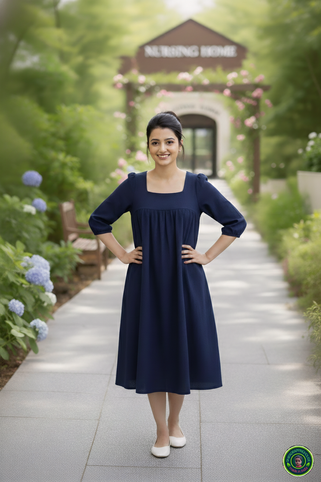 Elegant Gathered Denim Midi with 3/4 Sleeves – Summer 2026 Special