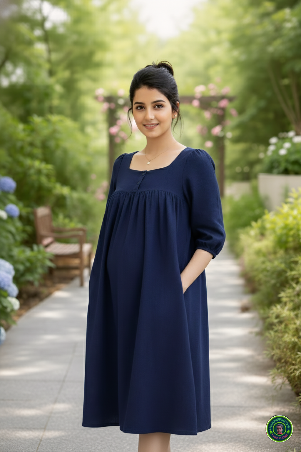 Elegant Gathered Denim Midi with 3/4 Sleeves – Summer 2026 Special