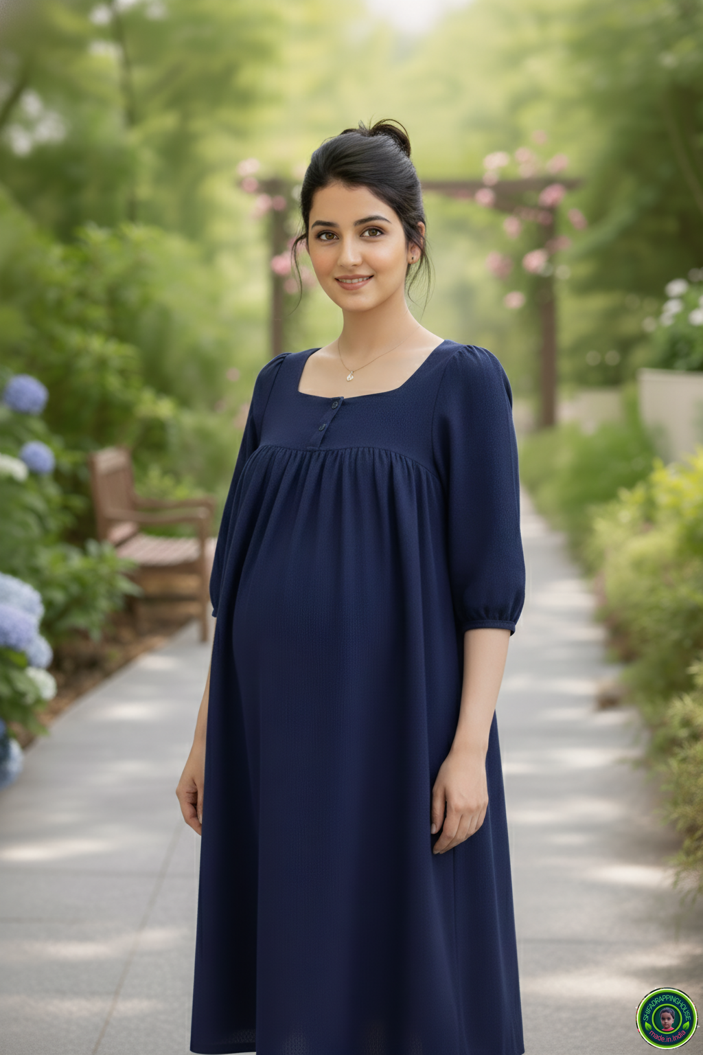 Elegant Gathered Denim Midi with 3/4 Sleeves – Summer 2026 Special