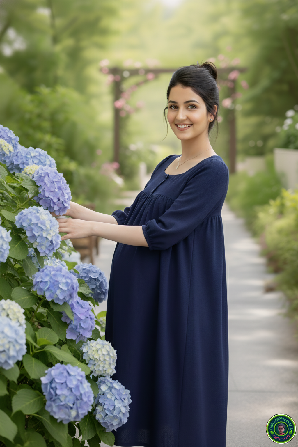 Elegant Gathered Denim Midi with 3/4 Sleeves – Summer 2026 Special