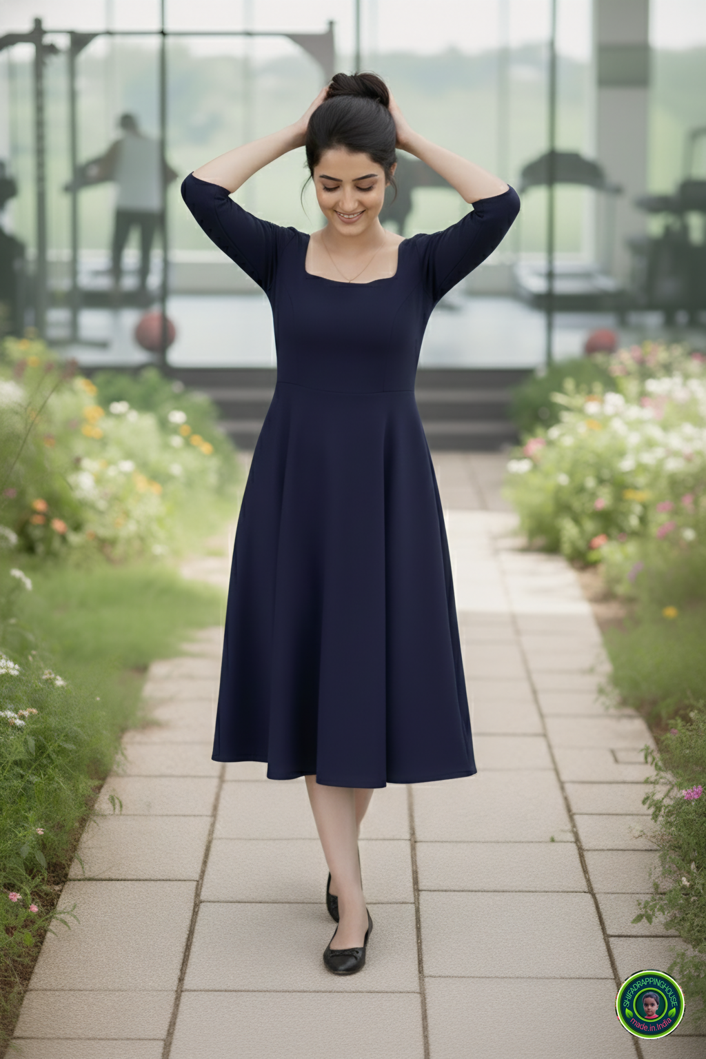 Chic Navy Denim Summer Dress – Full Fitting Princess Cut with Pockets
