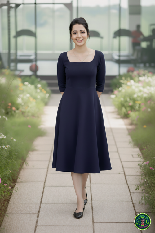 Chic Navy Denim Summer Dress – Full Fitting Princess Cut with Pockets