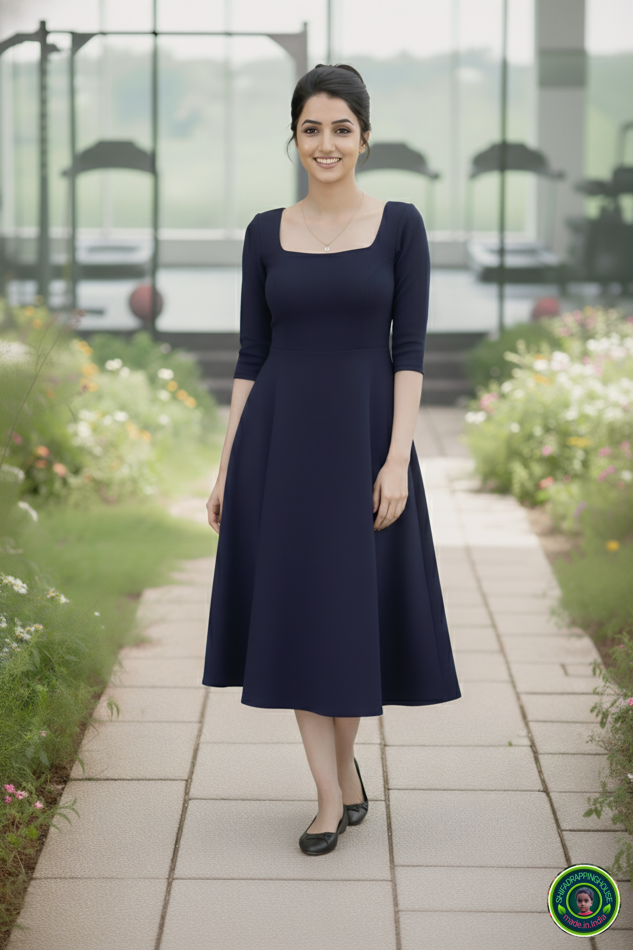 Chic Navy Denim Summer Dress β Full Fitting Princess Cut with Pockets β Shifa Drapping house