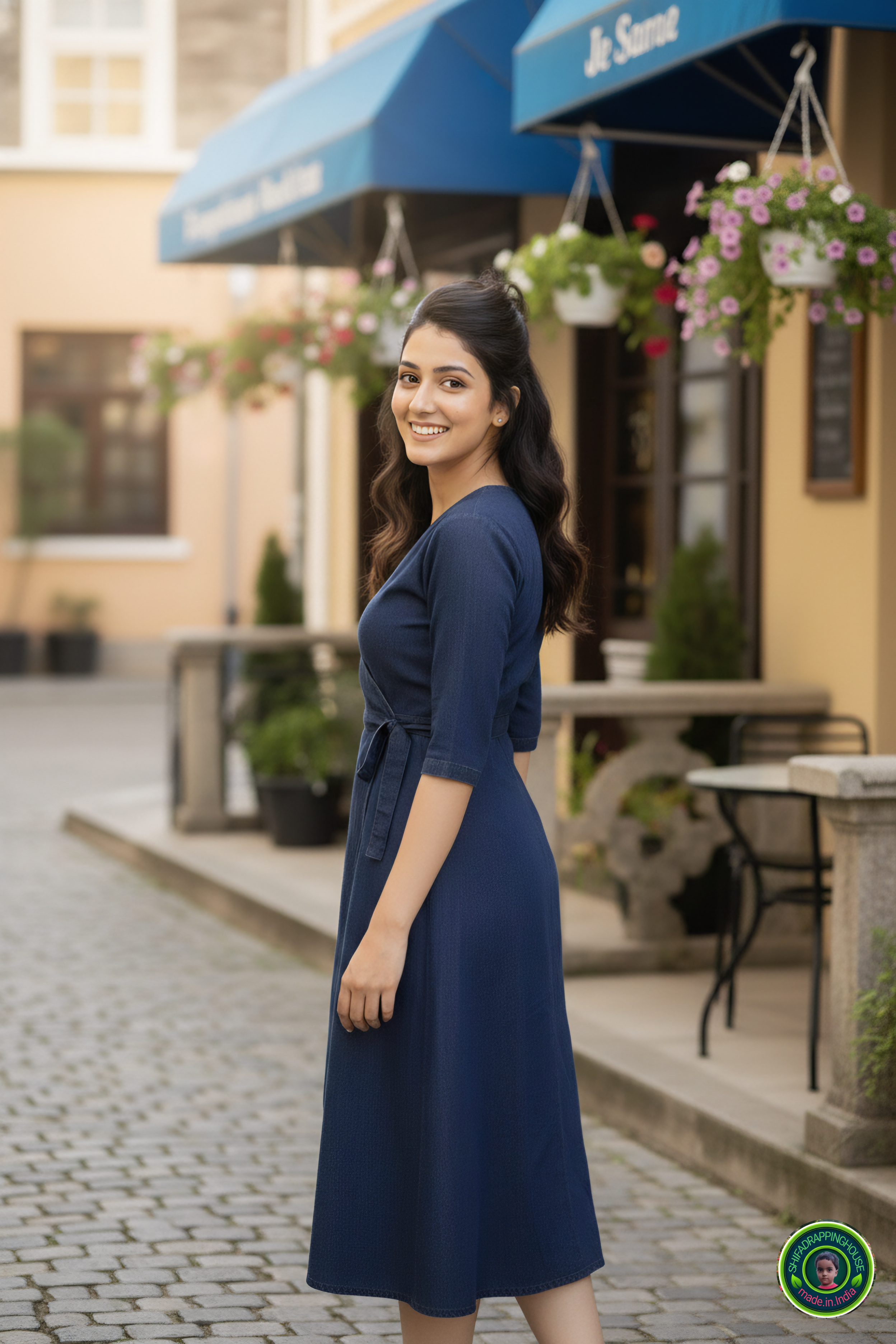 Royal Navy Blue Denim Overlap Midi Dress with Tie-Up Belt