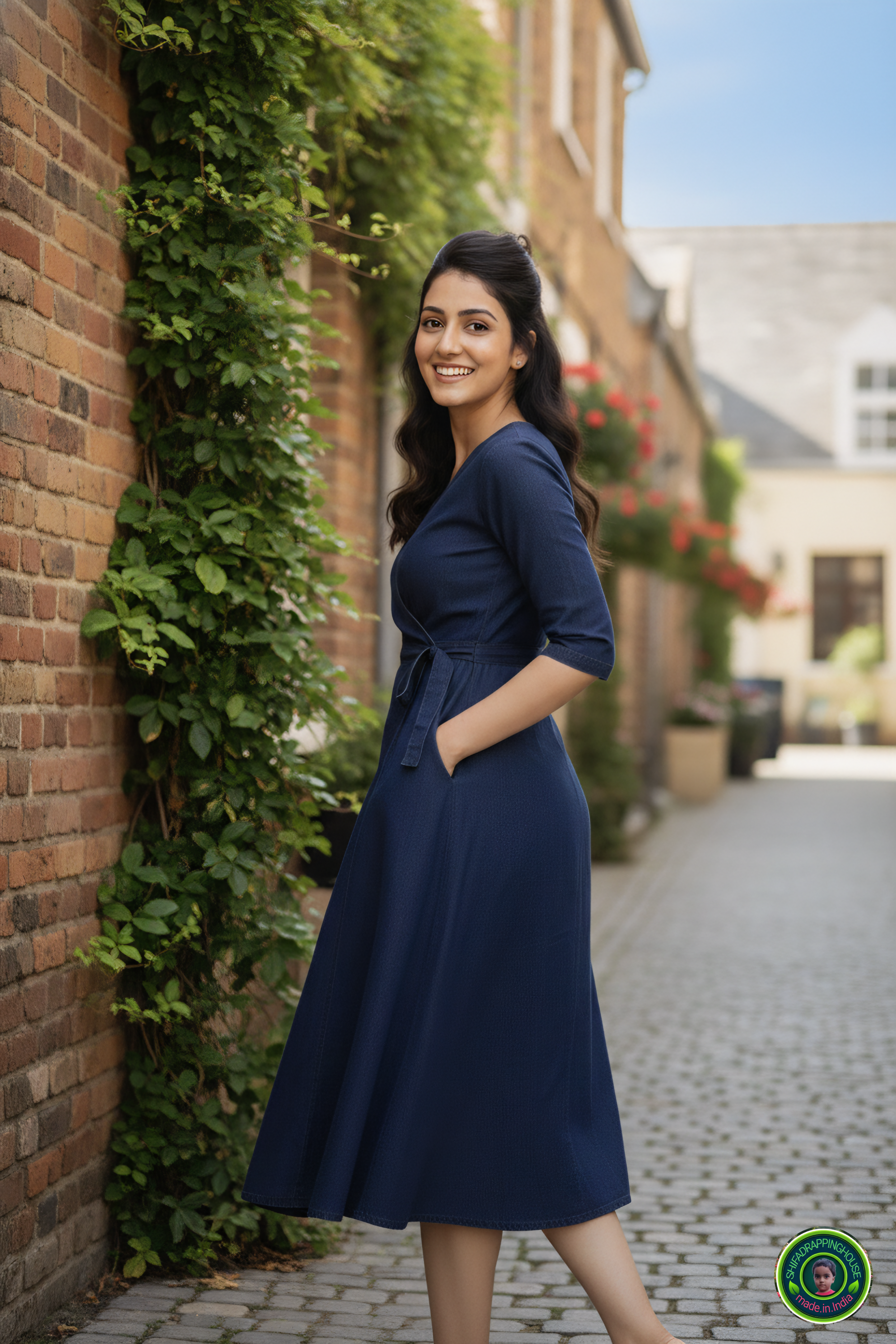 Royal Navy Blue Denim Overlap Midi Dress with Tie-Up Belt