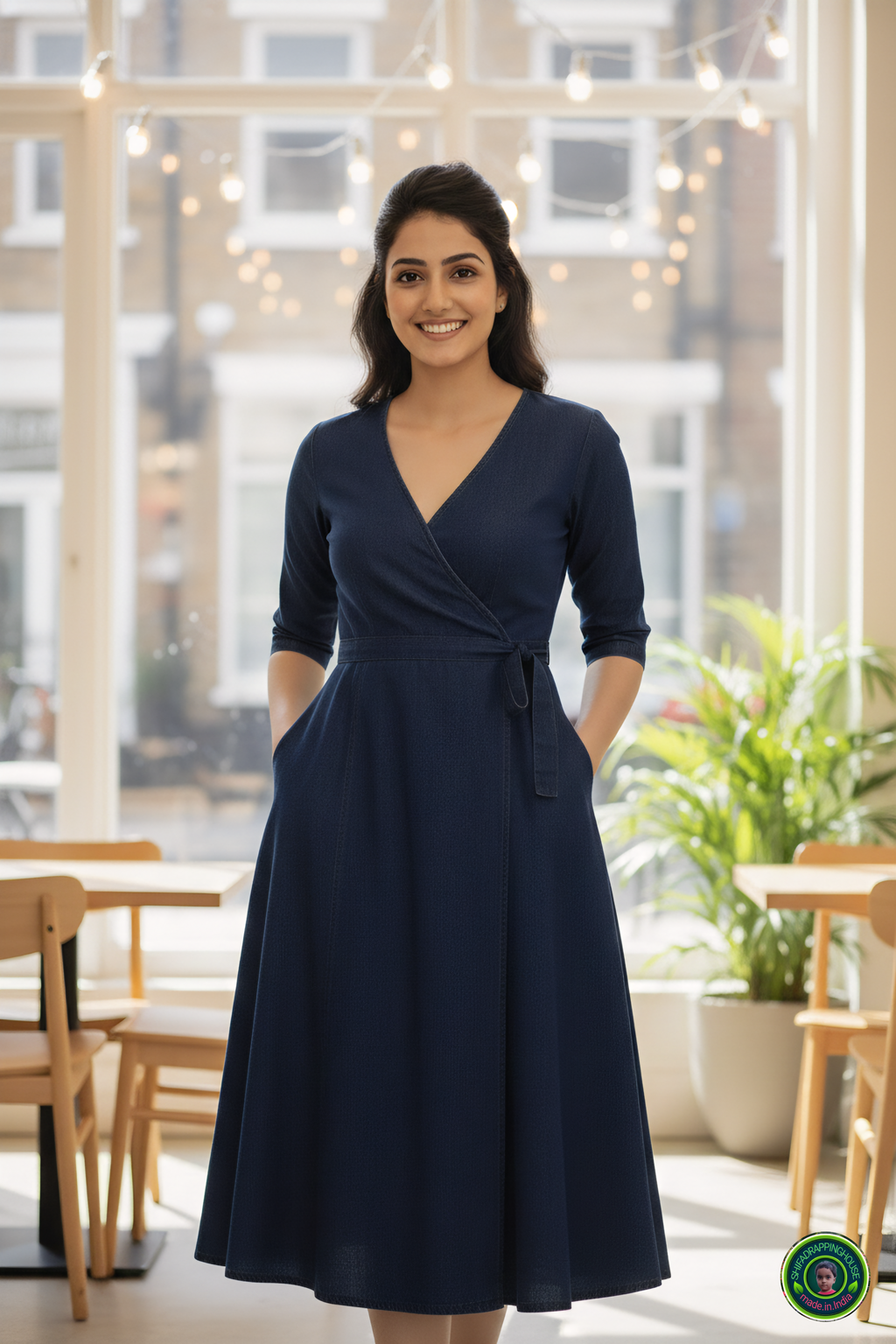 Royal Navy Blue Denim Overlap Midi Dress with Tie-Up Belt