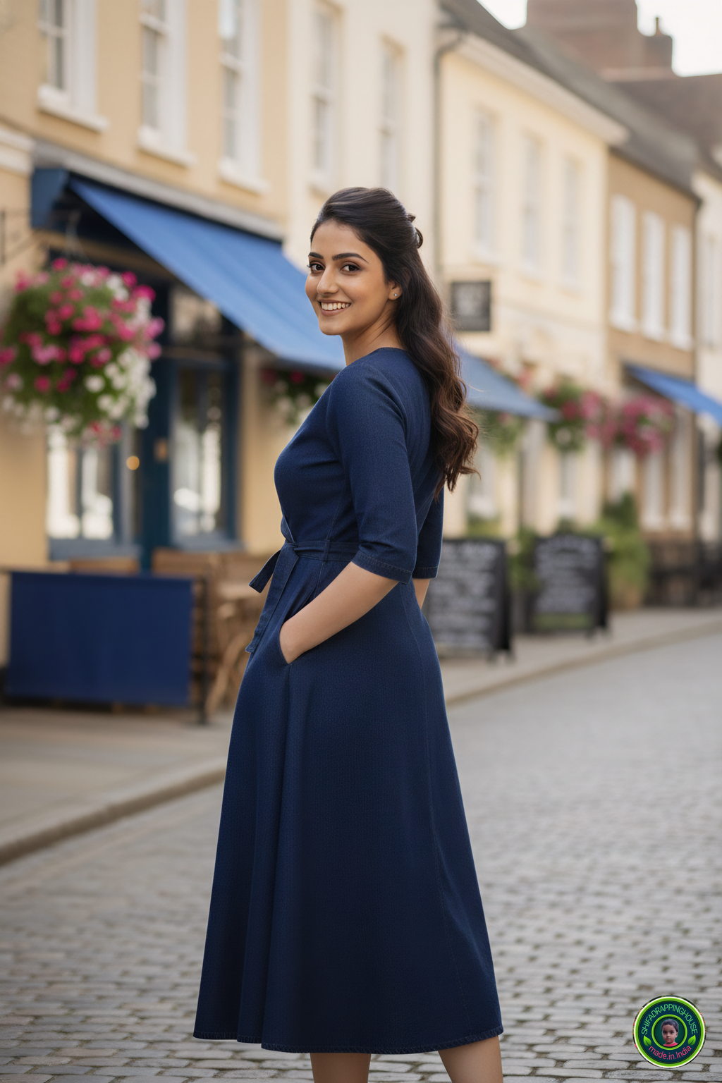 Royal Navy Blue Denim Overlap Midi Dress with Tie-Up Belt