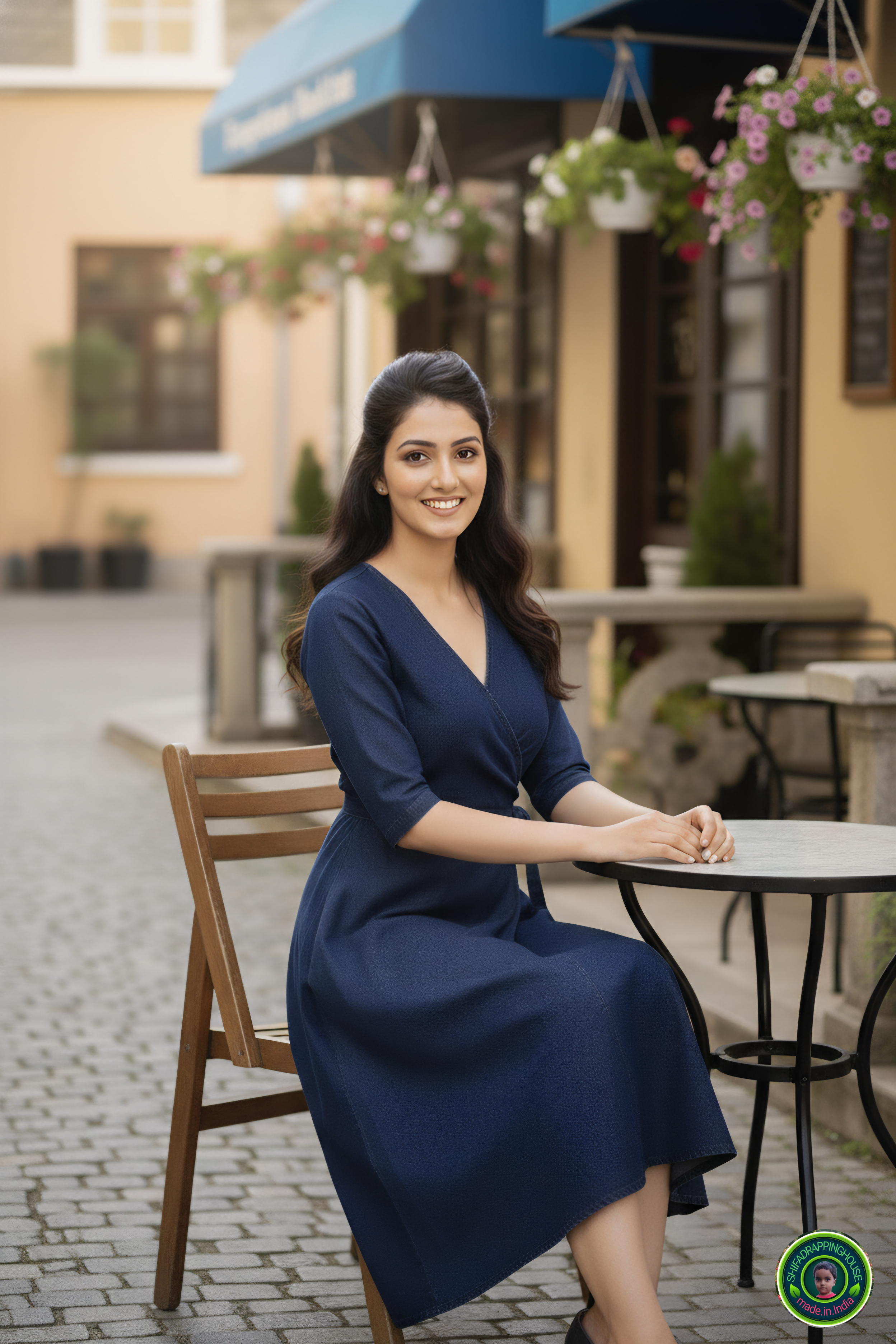 Royal Navy Blue Denim Overlap Midi Dress with Tie-Up Belt