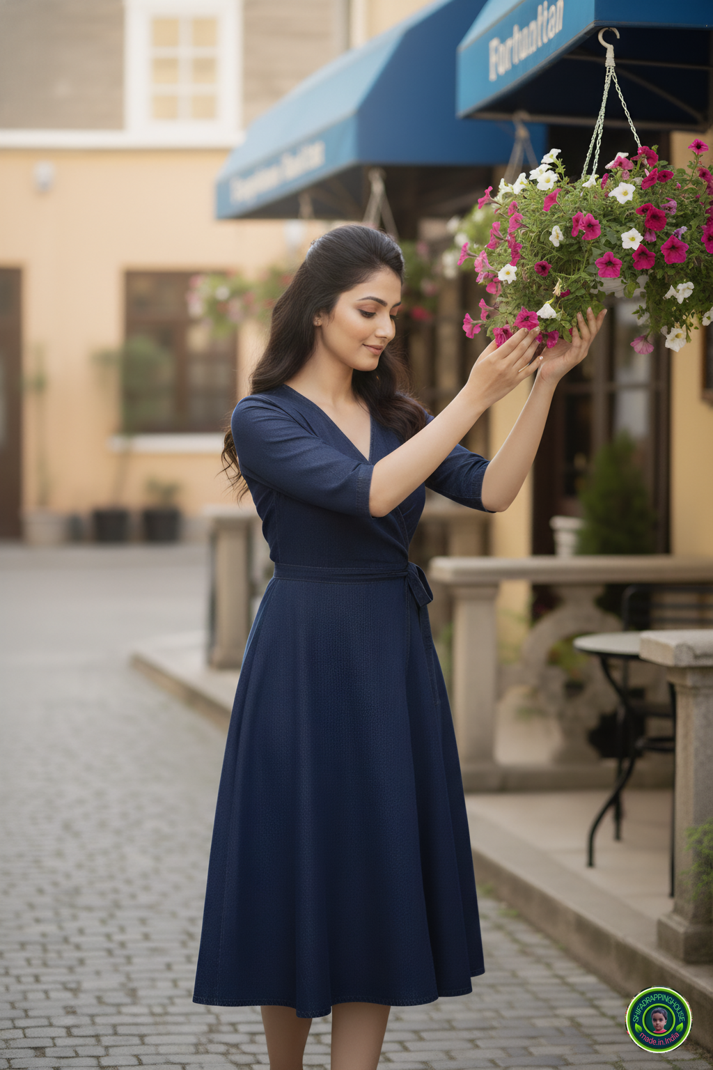 Royal Navy Blue Denim Overlap Midi Dress with Tie-Up Belt