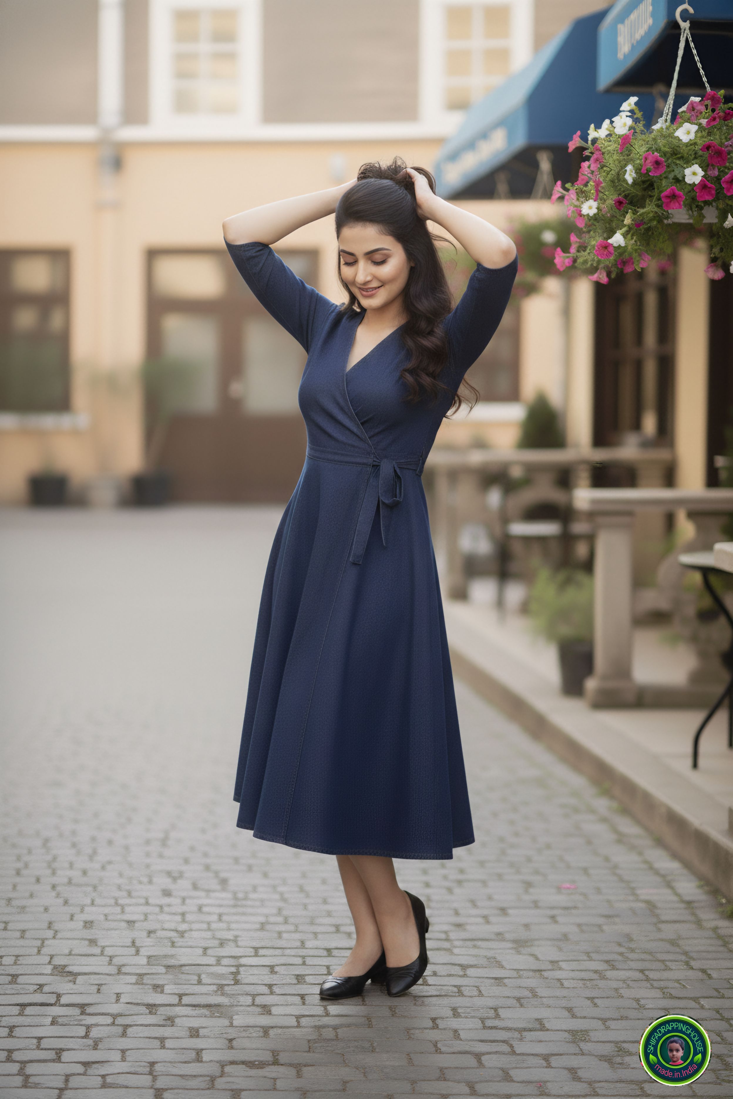 Royal Navy Blue Denim Overlap Midi Dress with Tie-Up Belt