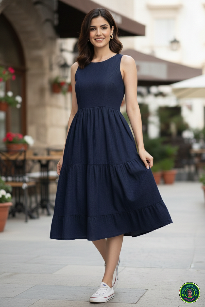 Royal Navy Blue Denim Sleeveless Midi with Triple Layer Flare