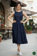 Royal Navy Blue Denim Sleeveless Midi with Triple Layer Flare