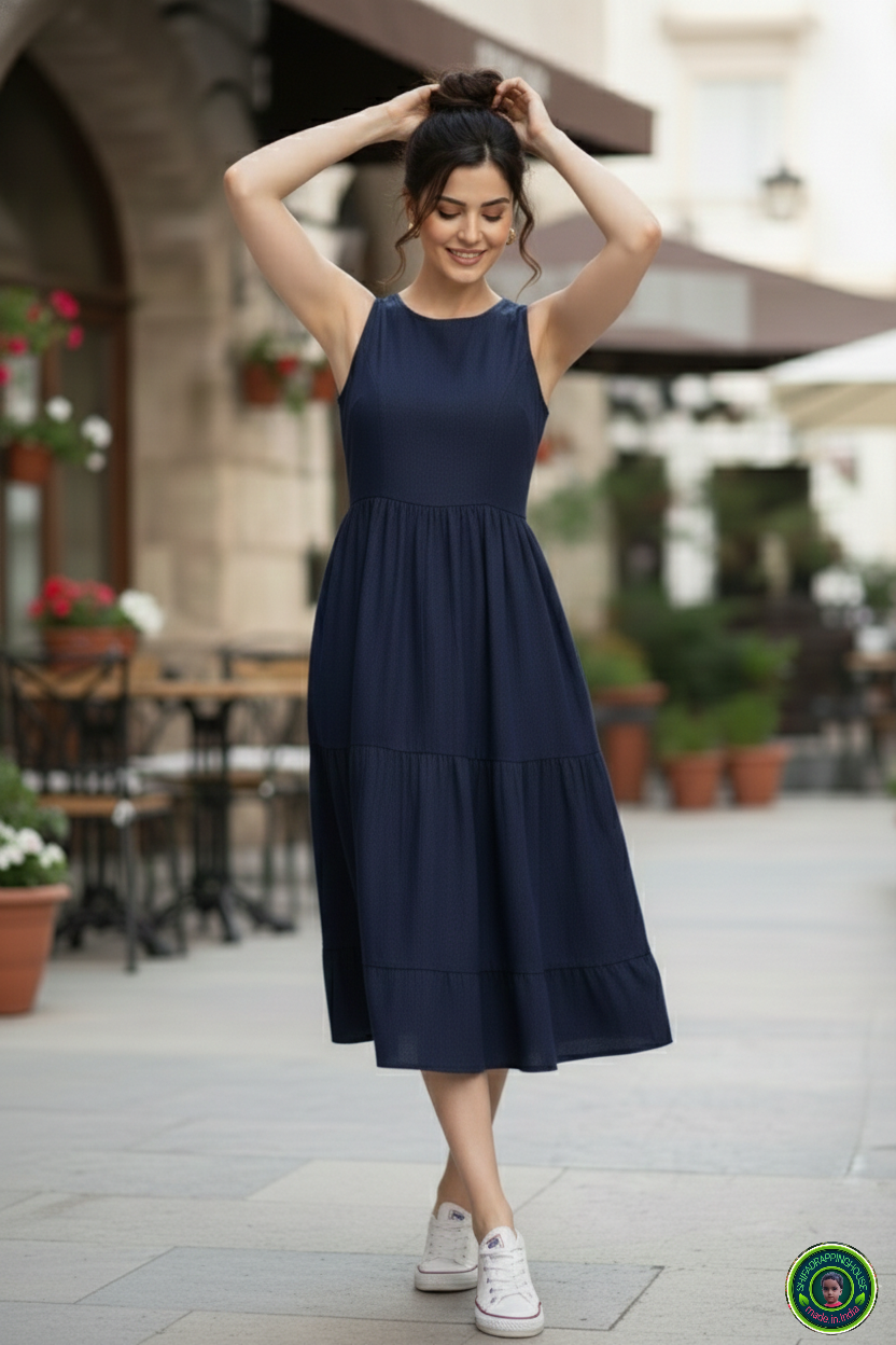 Royal Navy Blue Denim Sleeveless Midi with Triple Layer Flare