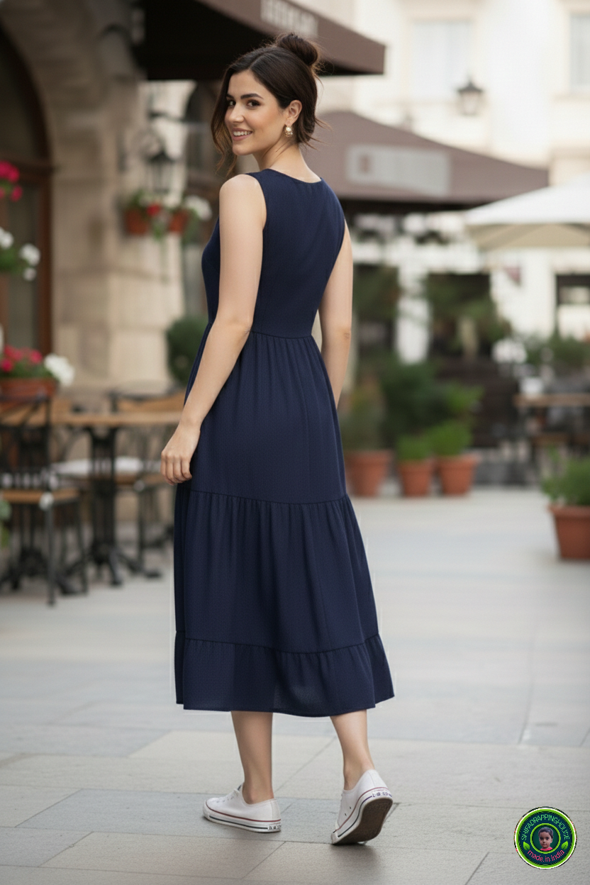 Royal Navy Blue Denim Sleeveless Midi with Triple Layer Flare
