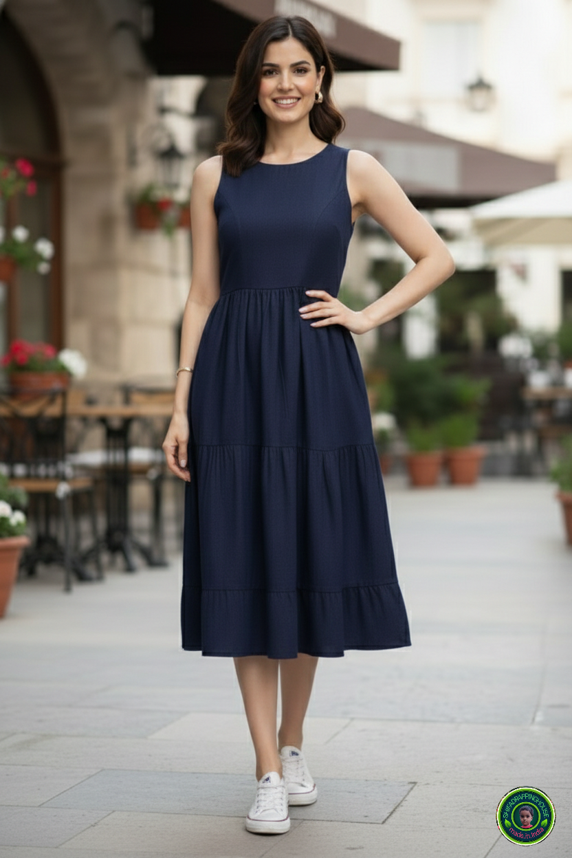 Royal Navy Blue Denim Sleeveless Midi with Triple Layer Flare