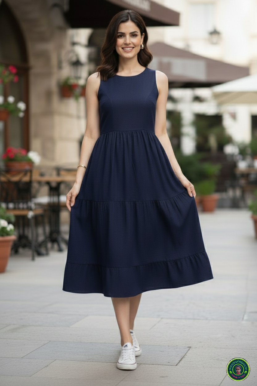 Royal Navy Blue Denim Sleeveless Midi with Triple Layer Flare
