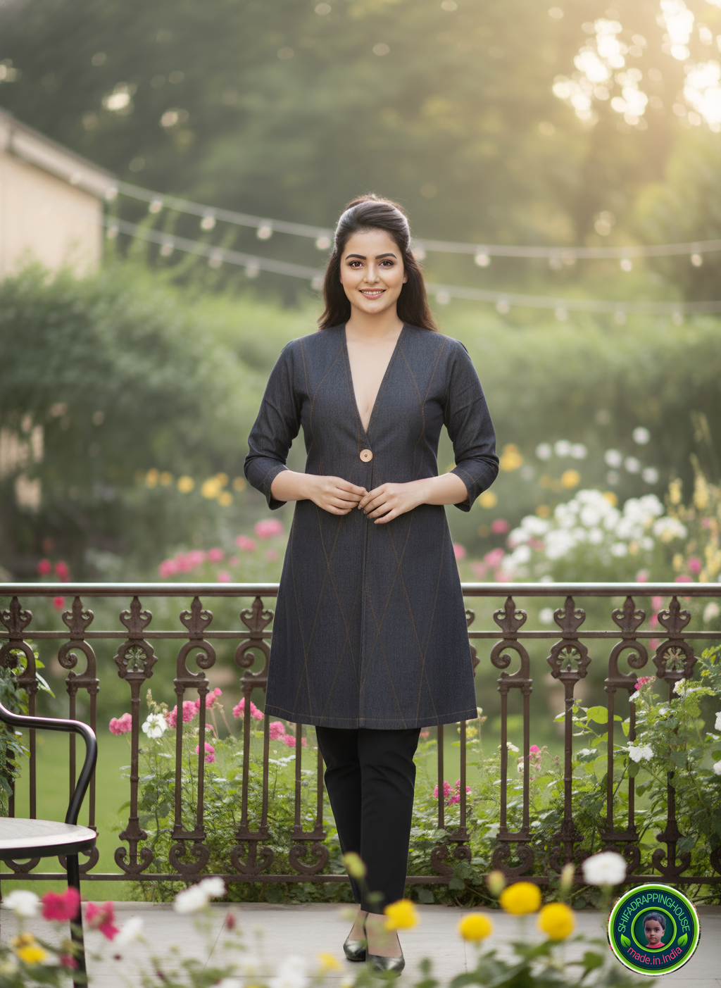 Luxury Black & Grey Denim Jacket-Style Midi with Diagonal Pintuck Detail