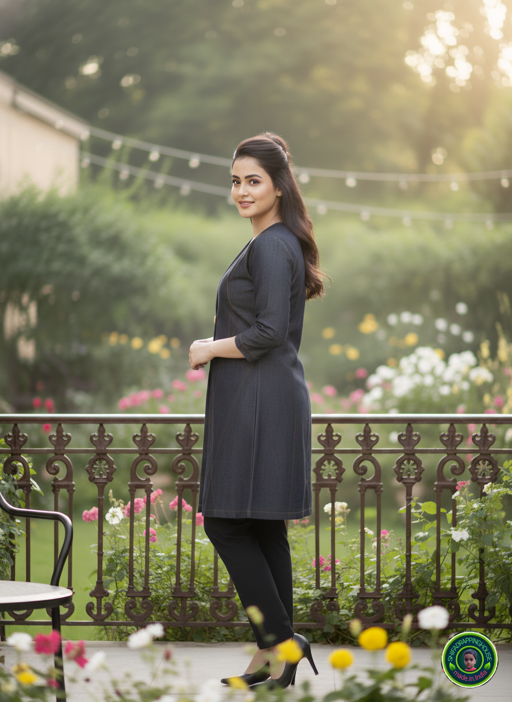 Luxury Black & Grey Denim Jacket-Style Midi with Diagonal Pintuck Detail